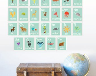English Alphabet Blue Nature Children's Wall Cards, 5x7, Nursery Wall Art, Kid's Room Animal Decor, ABC, Nature Art, Gender Neutral Nursery