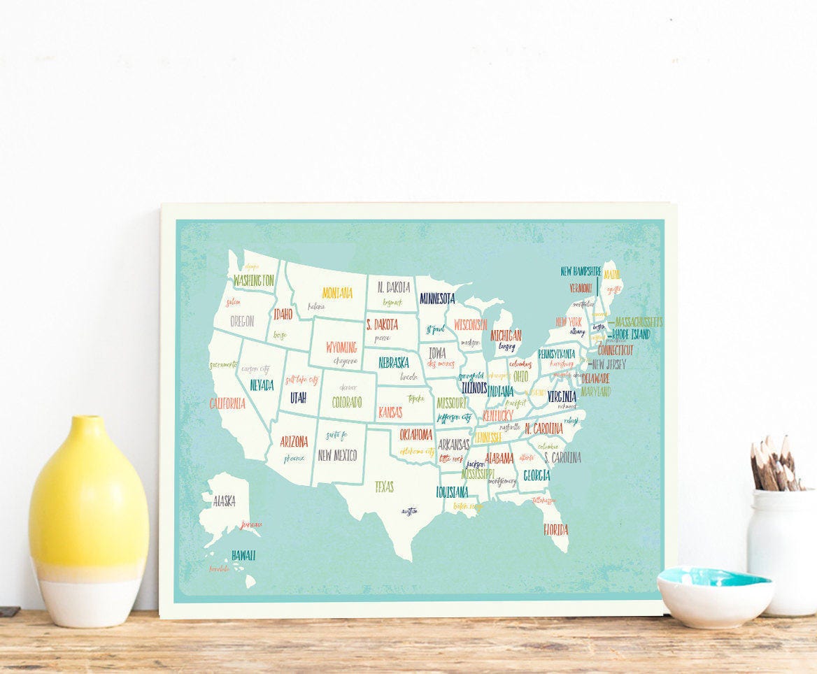 Printable USA Map, Map Wall Art, Digital Download, Travel Map, 14x11 ...
