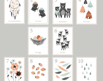 Printable Boho Woodland Nursery Counting Wall Cards, Digital Download Prints, Number Wall Cards 5x7, Flash Cards, Gender Neutral Nursery