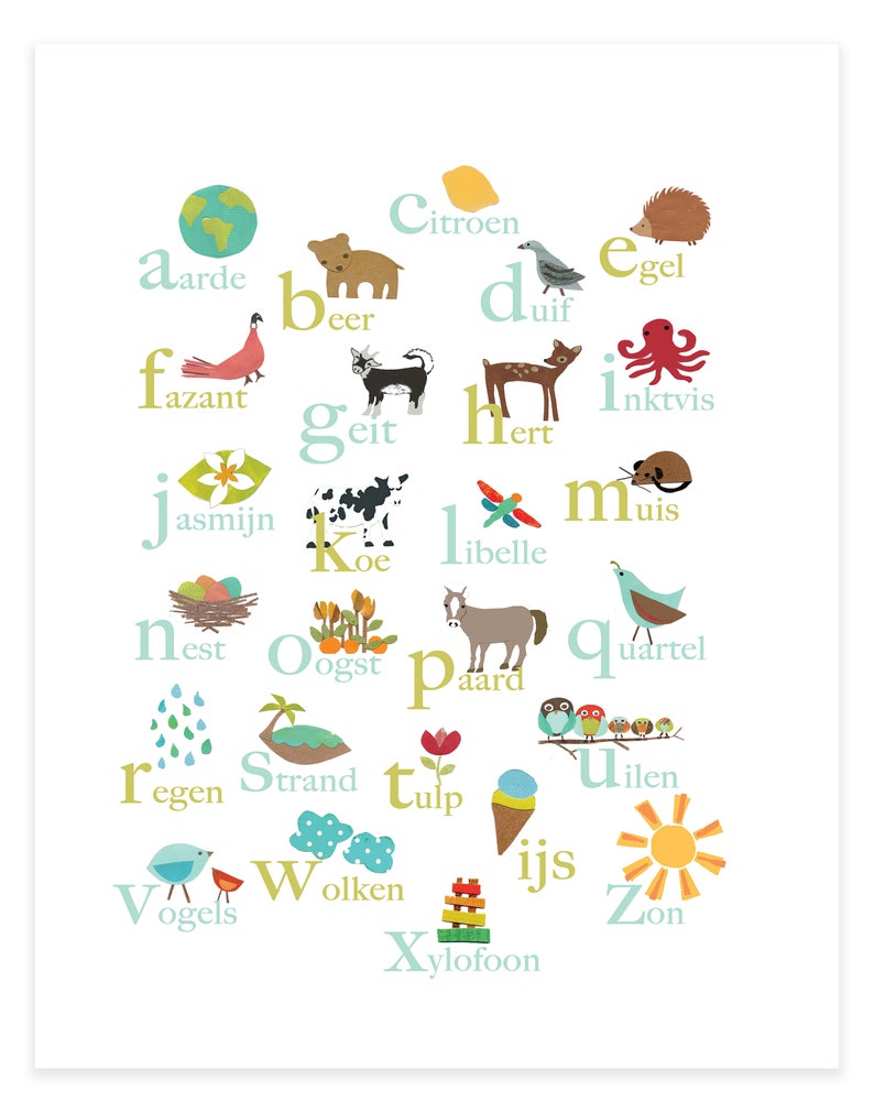 Dutch Alphabet Print 11x14 Nursery Wall Art, Nature Themed, Kid's Art ...