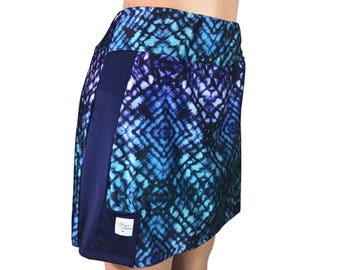 Hues of Blue & Purple Kaleidoscope Geometric Print - Golf / Running / Pickle ball Skirt with Attached Short (Skort) - Contrast Side Panel
