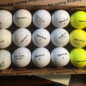 Used TOP-FLITE GOLF Balls - 12 White and 3 Yellow - Minor wear 15 golf balls total