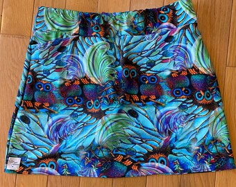 Hoot Owl Print Golf / Running / Pickle Ball Skirt Side Pocket and Attached Short (Skort) - Colorful Aqua / Blue print