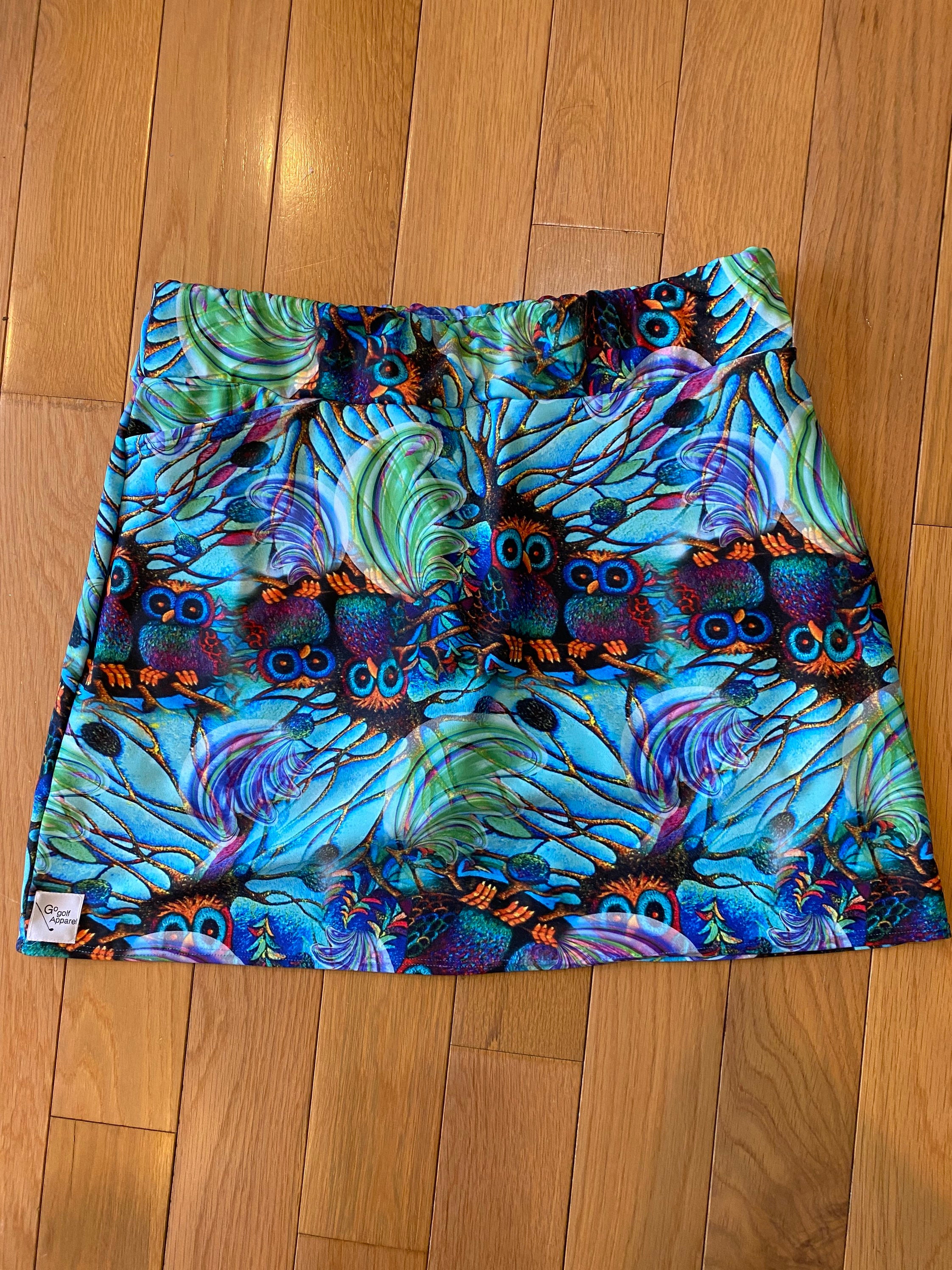 Hoot Owl Print Golf / Running / Pickle Ball Skirt Side Pocket and Attached Short (Skort) - Colorful Aqua / Blue print