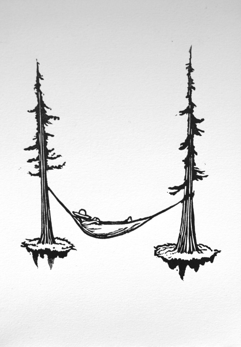 art printmaking hammock linocut print Loungin