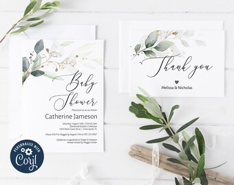 Greenery and Gold Leaf Baby Shower Invitation, Editable Invitation Template, Printable Thank You Card, BSH-102