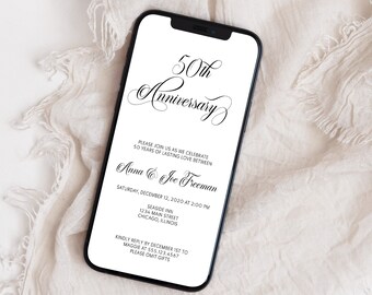 50th Anniversary Party Electronic Invitation, Minimalist Anniversary Digital Invitation, Editable Wedding Anniversary Party, ANV-107E