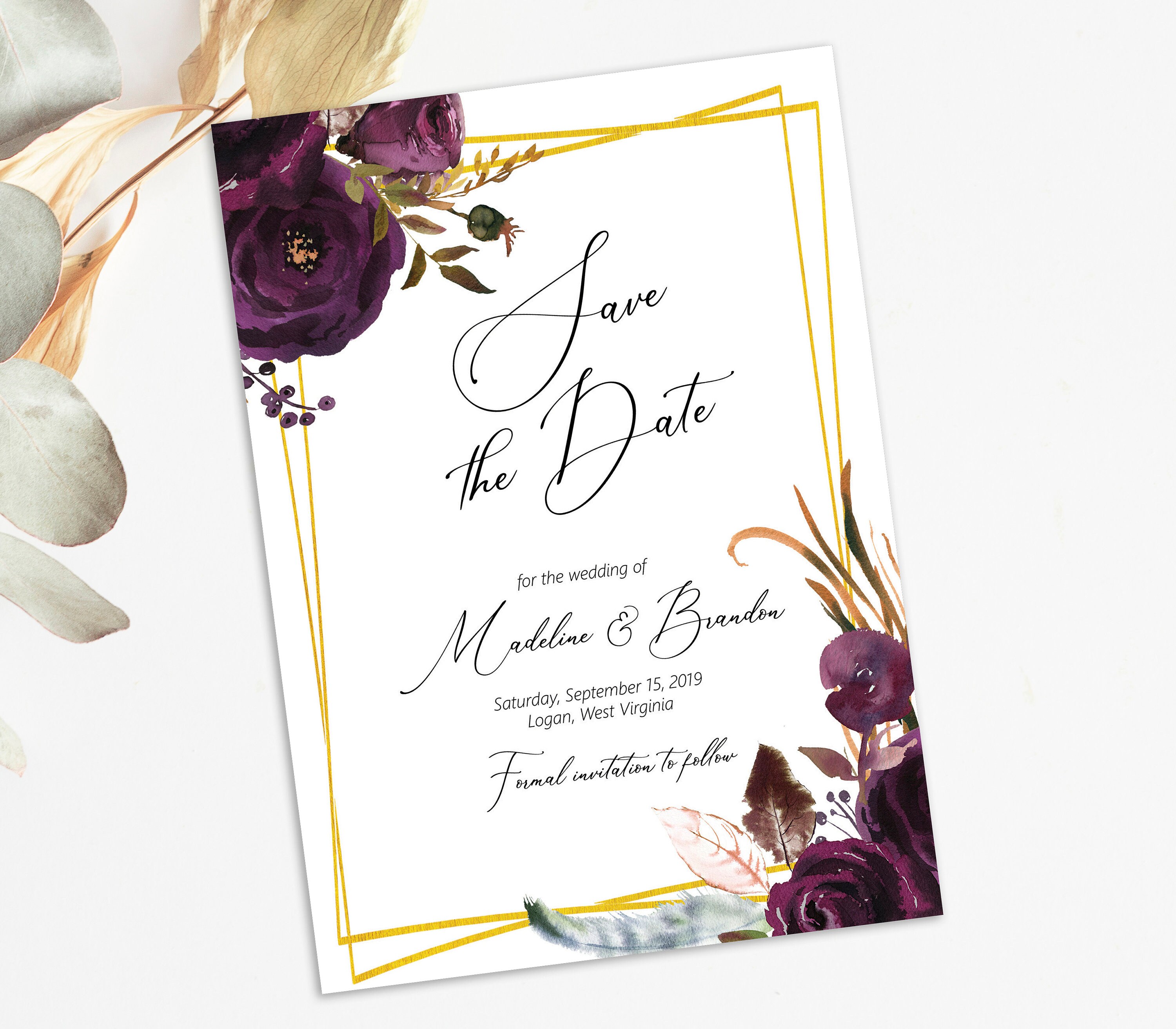 Printable Violet Plum Save The Date Editable Invitation Template