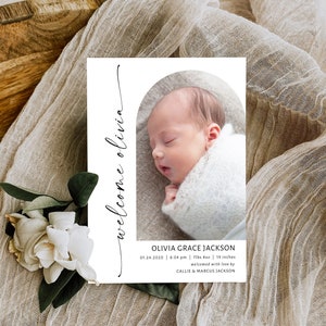 Photo Birth Announcement Template Modern Newborn Announcement Card Printable Birth Stats Card Editable Birth Announcement BRT-105 image 1