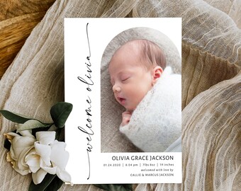 Photo Birth Announcement Template; Modern Newborn Announcement Card; Printable Birth Stats Card; Editable Birth Announcement BRT-105