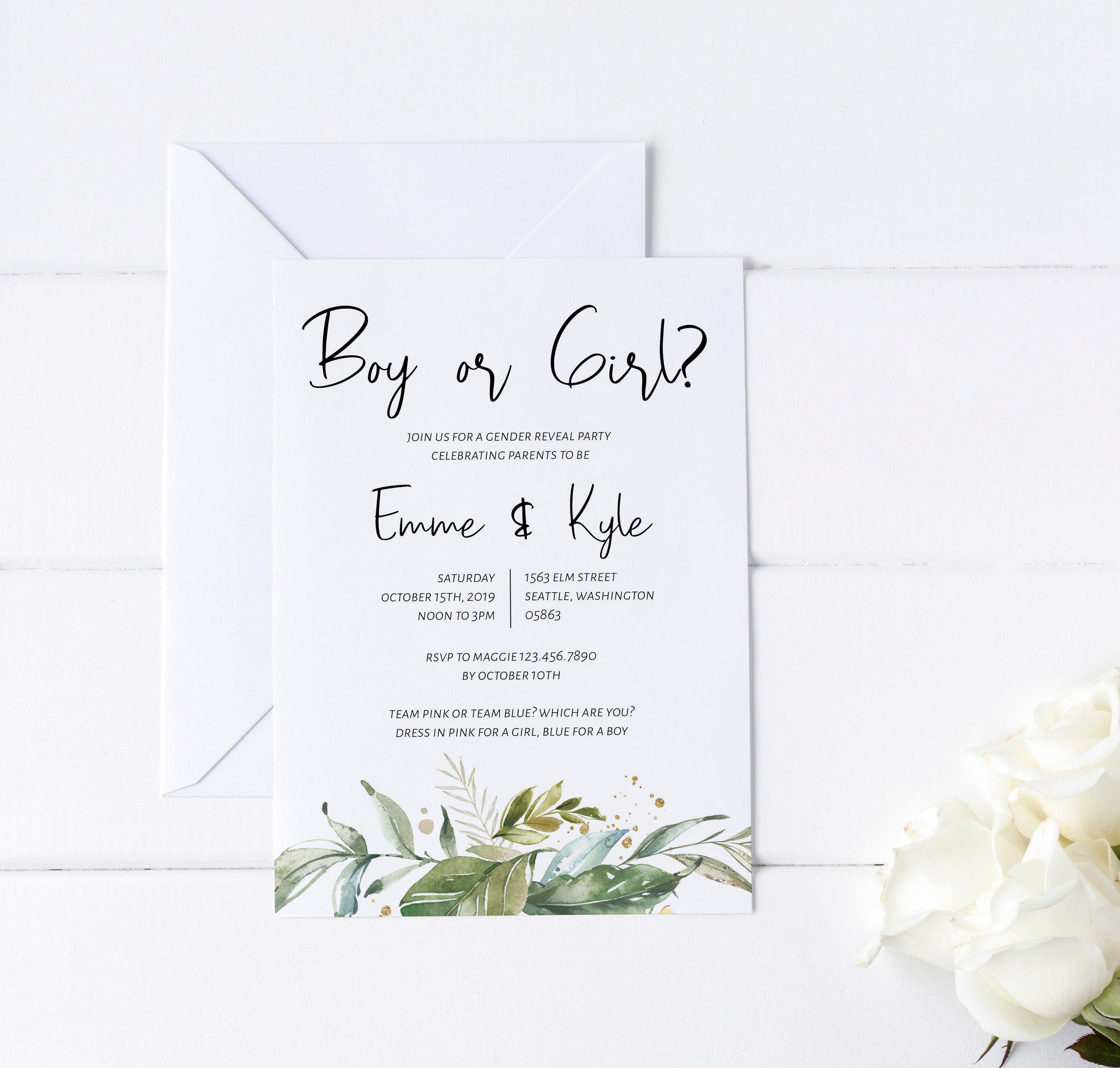 MSD389 Greenery and Gold Oh Baby Shower Invitation Editable Invitation