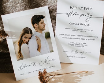 Photo Happily Ever After Party, Wedding Reception Invitation, Minimalist Wedding Elopement Announcement, Printable Template MSD-ELO-110