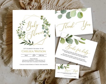 Rustic Baby Shower Invitation Bundle, Greenery and Gold Baby Shower Invite Bundle, Editable Template, Printable Invitation, BSH-103