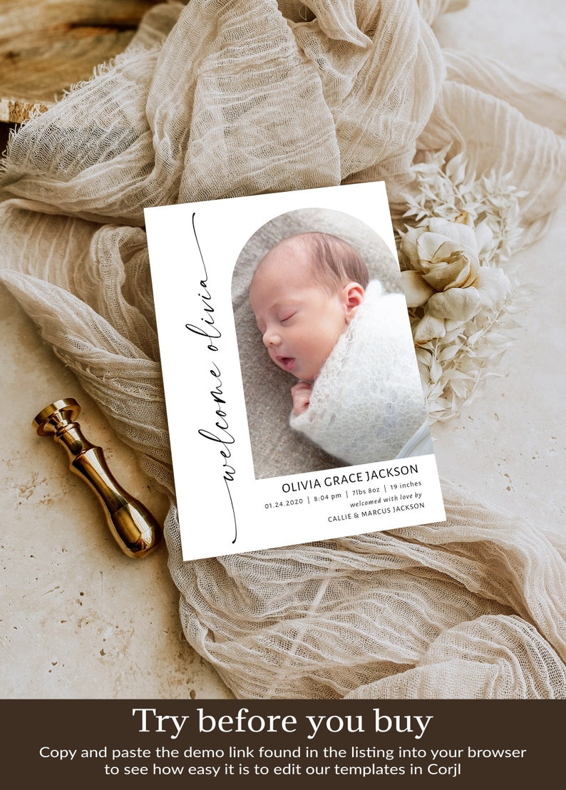 Photo Birth Announcement Template Modern Newborn Announcement Card Printable Birth Stats Card Editable Birth Announcement BRT-105 image 2