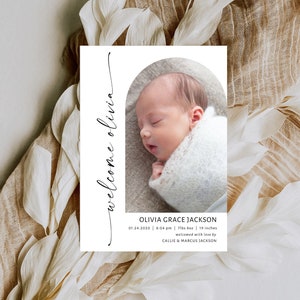 Photo Birth Announcement Template Modern Newborn Announcement Card Printable Birth Stats Card Editable Birth Announcement BRT-105 image 6