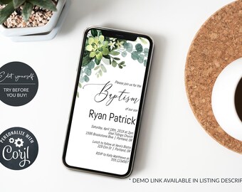 Greenery Electronic Baptism Invitation, Digital Baptism Announcement, Smartphone Invitation, BAP-167