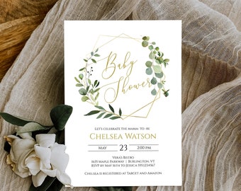 Rustic Greenery and Gold Baby Shower Invitation, Editable Invitation Template, Printable Invitation, Corjl Online Editor,  BSH-103