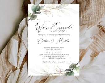 We're Engaged Party Invitation, Engagement Announcement, Greenery and Gold Leaf We're Engaged Party Invitation Editable Template, ENG-103