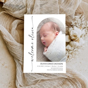 Photo Birth Announcement Template Modern Newborn Announcement Card Printable Birth Stats Card Editable Birth Announcement BRT-105 image 4