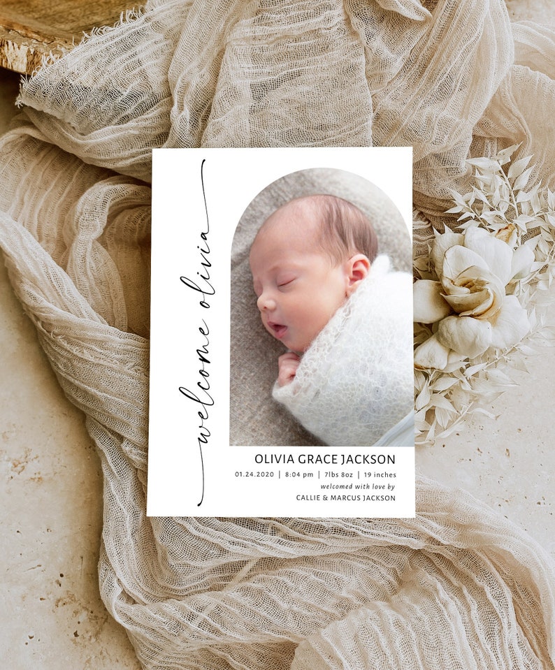 Photo Birth Announcement Template Modern Newborn Announcement Card Printable Birth Stats Card Editable Birth Announcement BRT-105 image 4