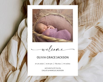 Photo Birth Announcement Template; Modern Newborn Announcement Card; Printable Birth Stats Card; Editable Birth Announcement BRT-101