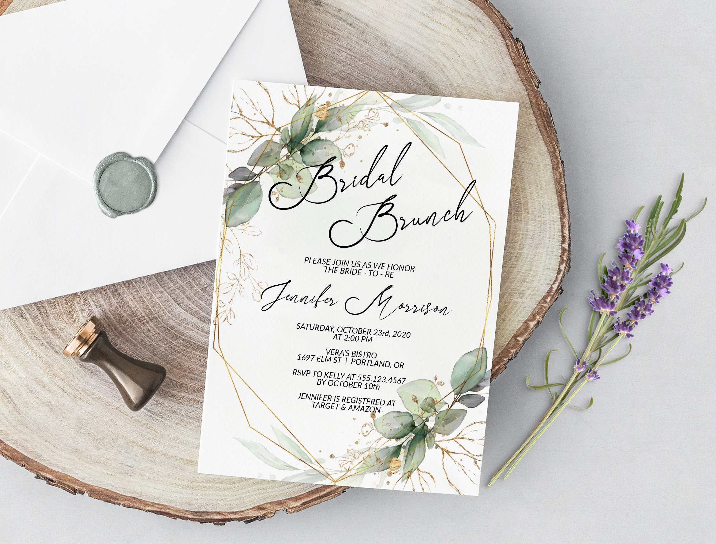 Greenery And Gold Bridal Brunch Invitation Template Editable Etsy