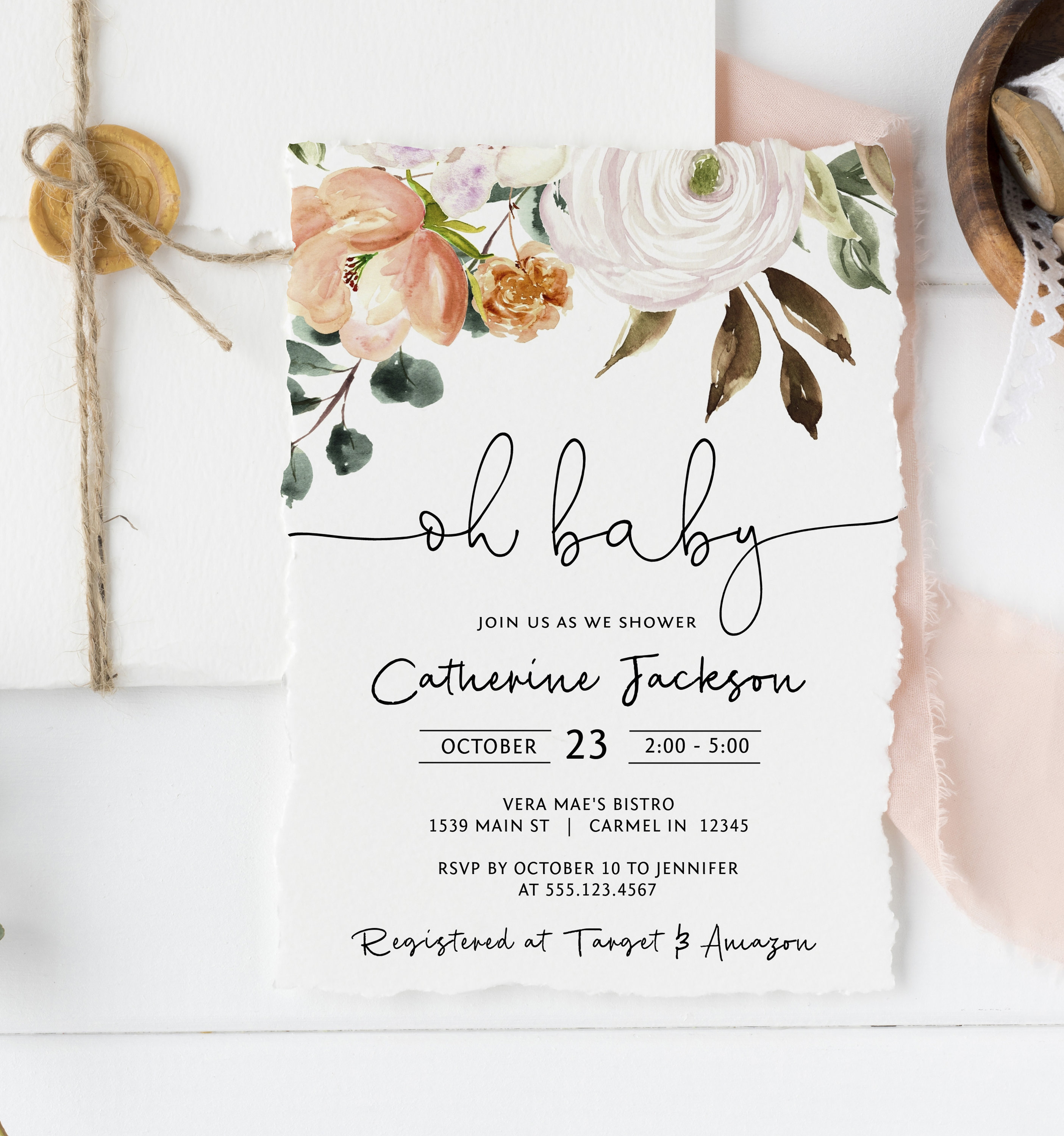 Floral Oh Baby Shower Invitation Set Books for Baby Peach Etsy