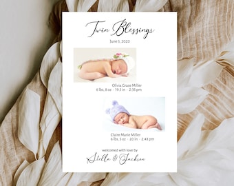 Twins Birth Announcement Card; Photo Baby Announcement; Minimalist Newborn Birth Stats Card; Editable Birth Announcement Template BRT-136