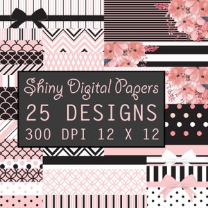 Puede incluir: Un paquete de papel digital con 25 diseños en rosa y negro. Los diseños incluyen rayas, lunares, patrones geométricos y patrones florales. El texto "Shiny Digital Papers 25 DESIGNS 300 DPI 12 X 12" se muestra sobre un fondo negro.
