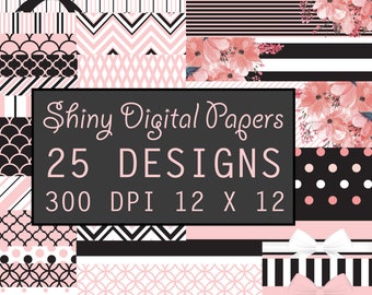 May include: A digital paper pack with 25 designs in pink and black. The designs include stripes, polka dots, geometric patterns, and floral patterns. The text "Shiny Digital Papers 25 DESIGNS 300 DPI 12 X 12" is displayed on a black background.