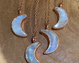Celestial rainbow moonstone crescent moon necklace Electroformed copper jewelry