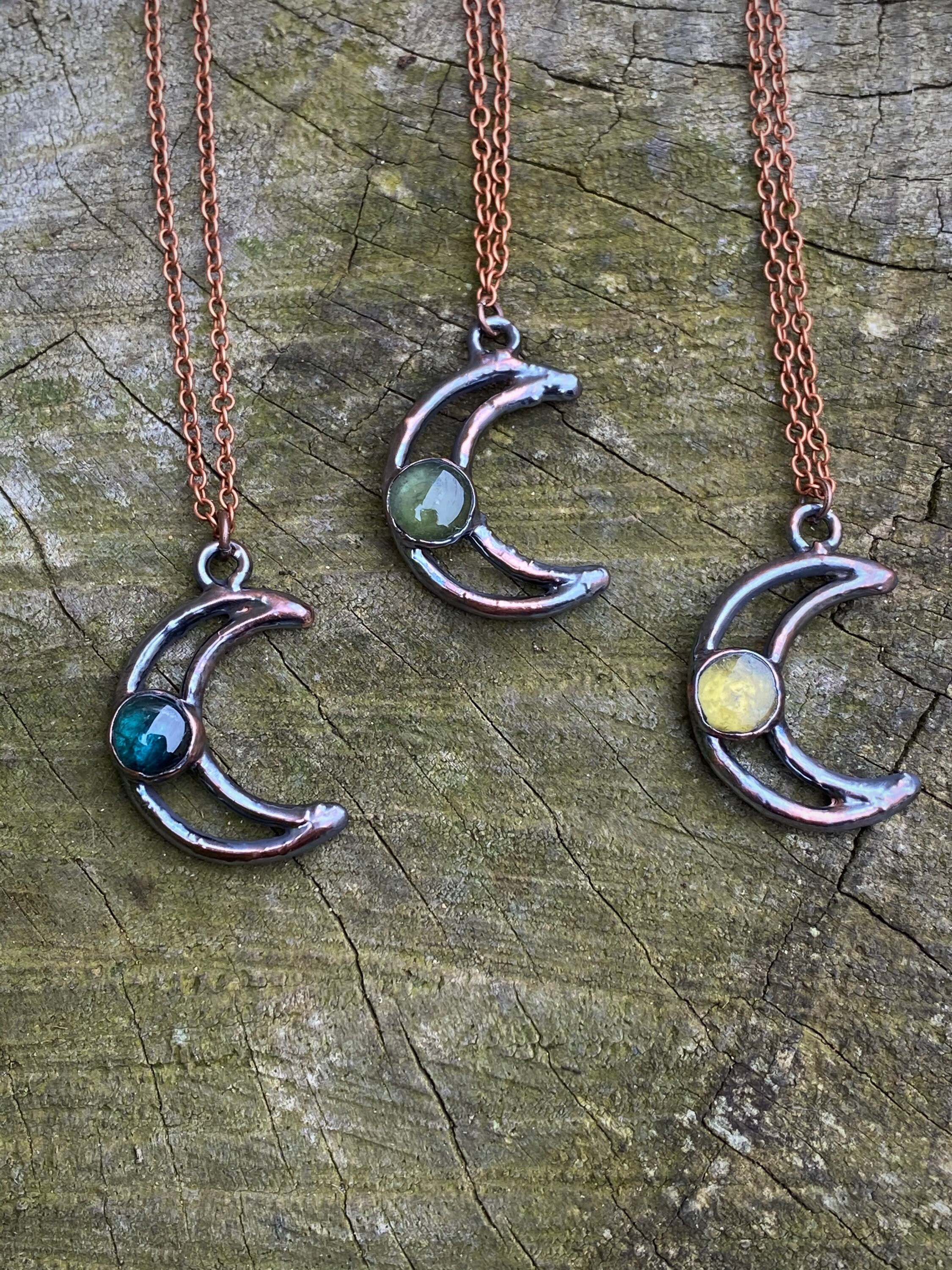 Tourmaline crescent moon necklace celestial pendant