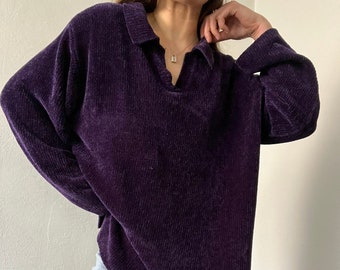 Vintage Purple Acrylic Chenille Collared Sweater Russ XL