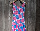 90 39 s Blue Pink Drop-Waist Hydrangea Dress