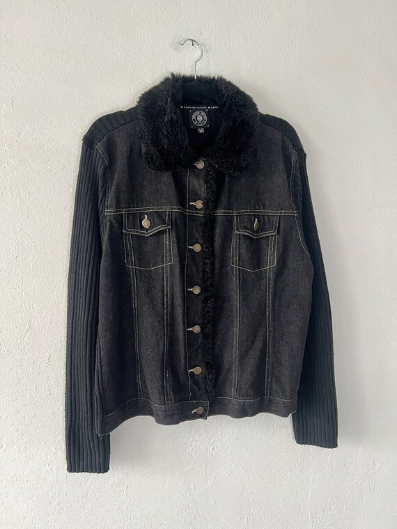 Vintage Black Denim Faux Fur Trim Jacket - image 3