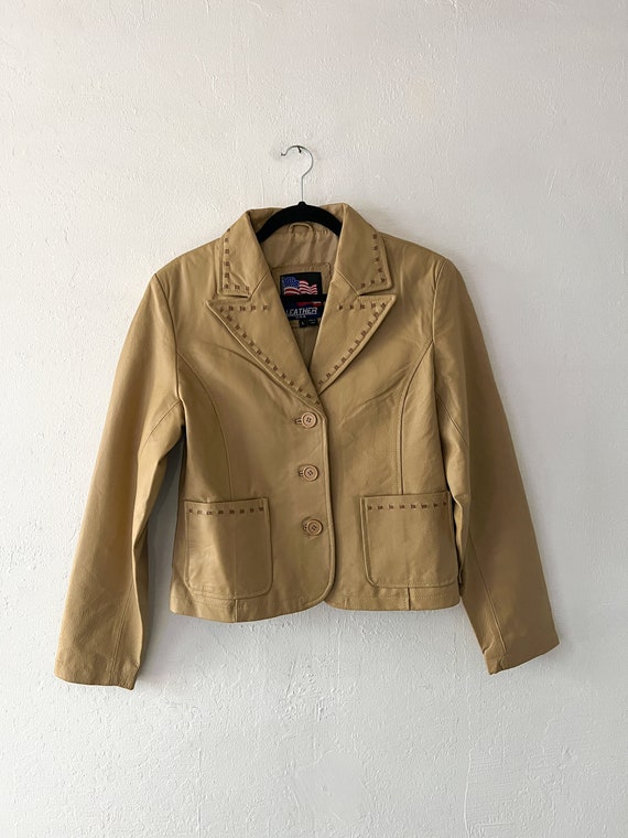 Vintage Tan Leather Topstitch Jacket Sz Large Genu