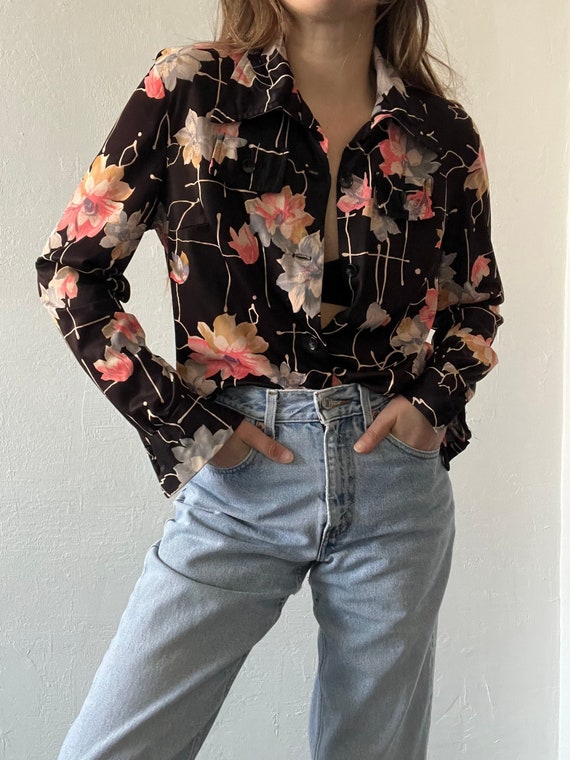 70s Nylon Floral Print Button Up