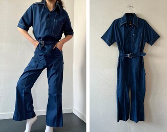 Vintage 70er Jahre Blauer Overall mit Gürtel