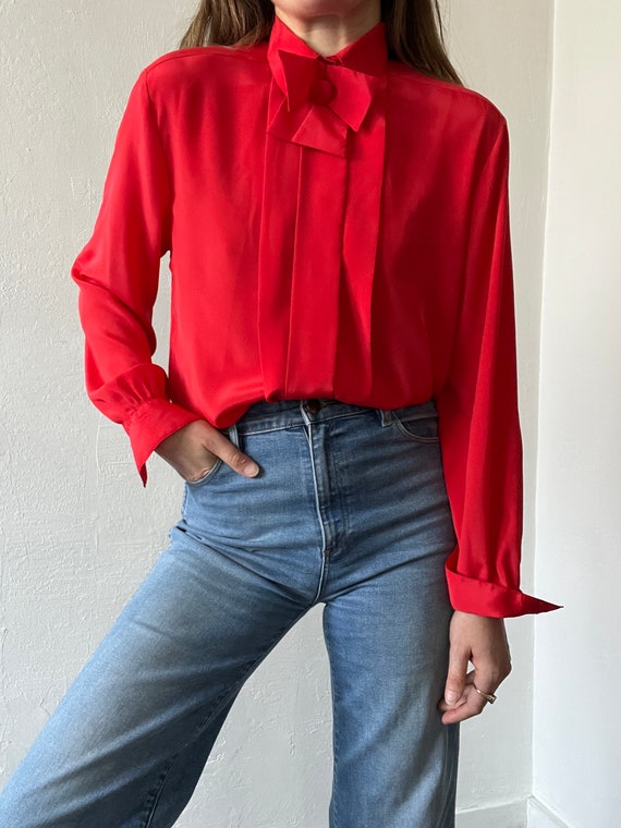 Vintage Candy Apple Red Bow Blouse - image 6