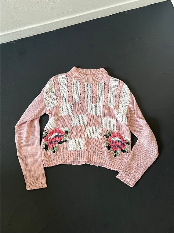 Vintage 1990s Pastel Hand Knit Flower Sweater - image 1