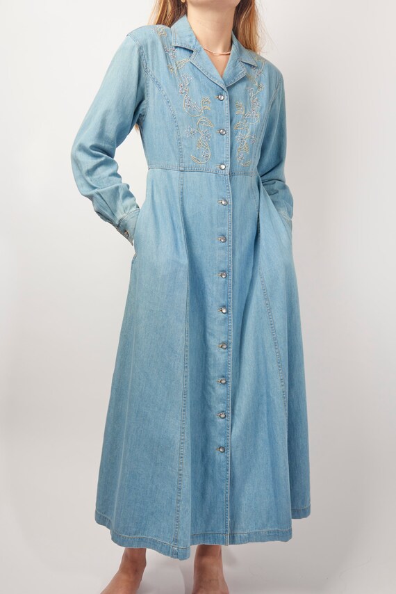 Vintage 90s Western Embroidered Denim Midi Dress