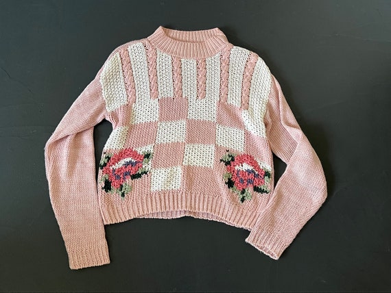 Vintage 1990s Pastel Hand Knit Flower Sweater - image 2