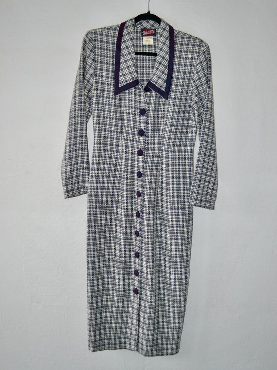 1990s Structured Purple & Navy Checkered Dress - image 7