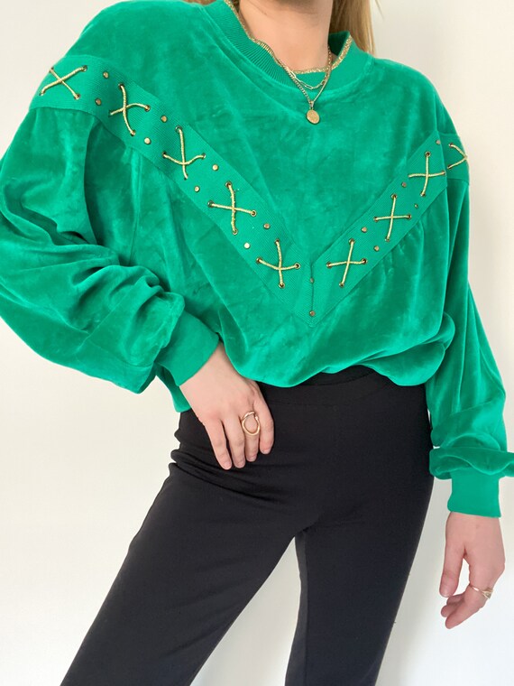 Vintage 80s Kelly Green Velour Raglan Sleeve Crew
