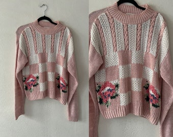 Vintage 1990s Pastel Hand Knit Flower Sweater