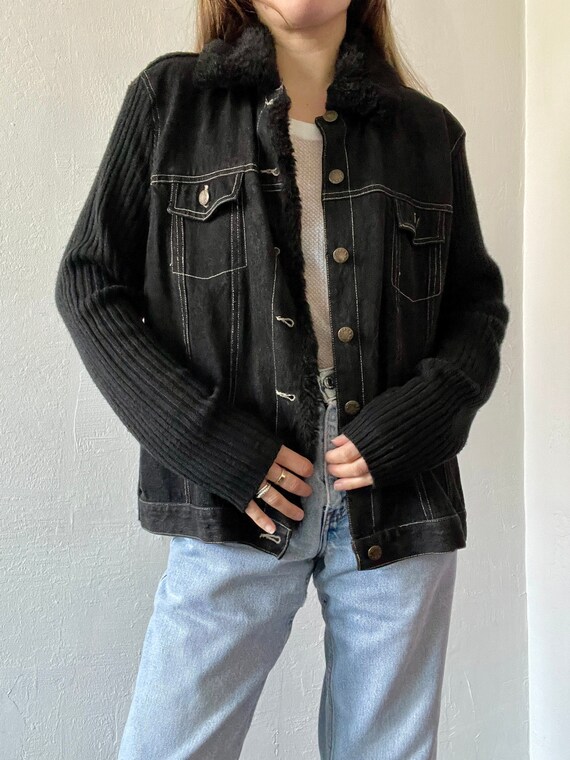 Vintage Black Denim Faux Fur Trim Jacket - image 2