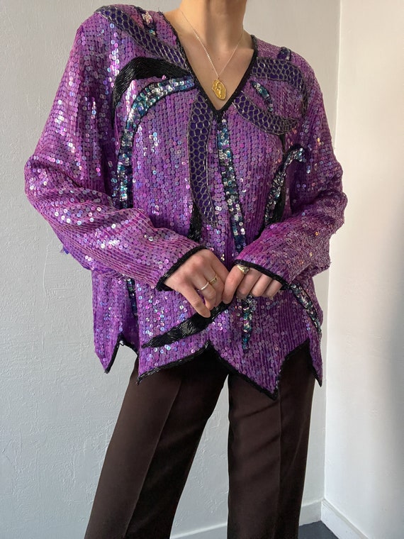 Vintage Purple 100% Pure Silk Sequin Blouse 3X Wom