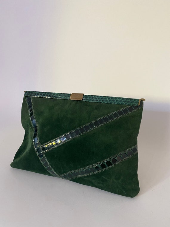 Vintage 80s Forest Green Suede Rectangle Clutch