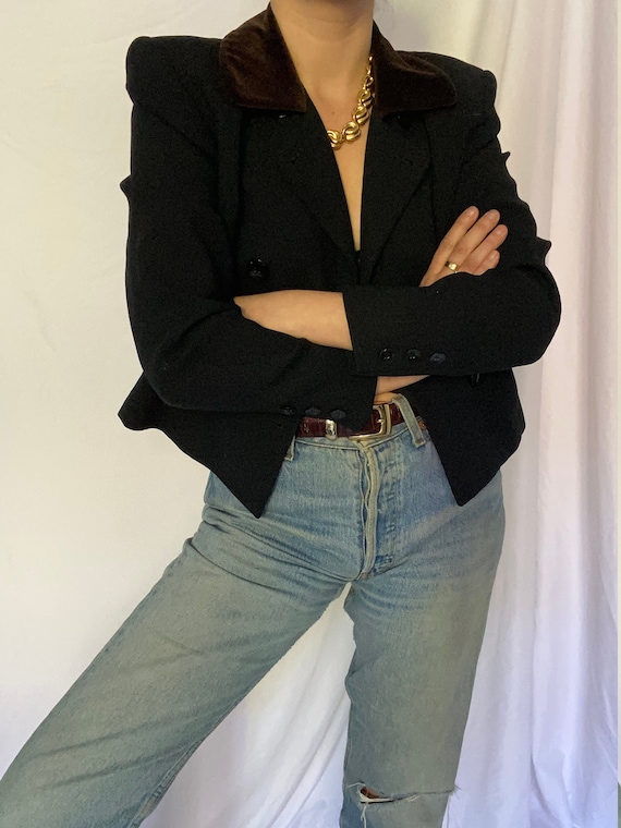 Vintage 90s Black Cropped Blazer with Brown Velvet