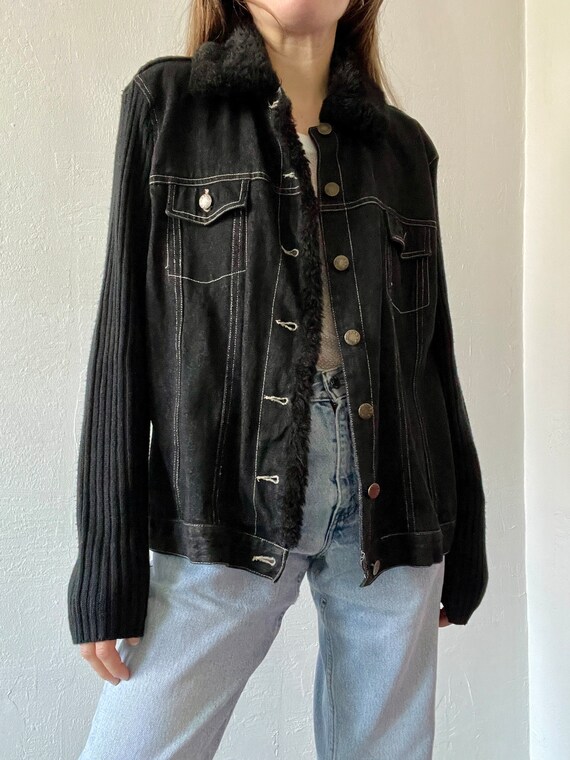 Vintage Black Denim Faux Fur Trim Jacket - image 4